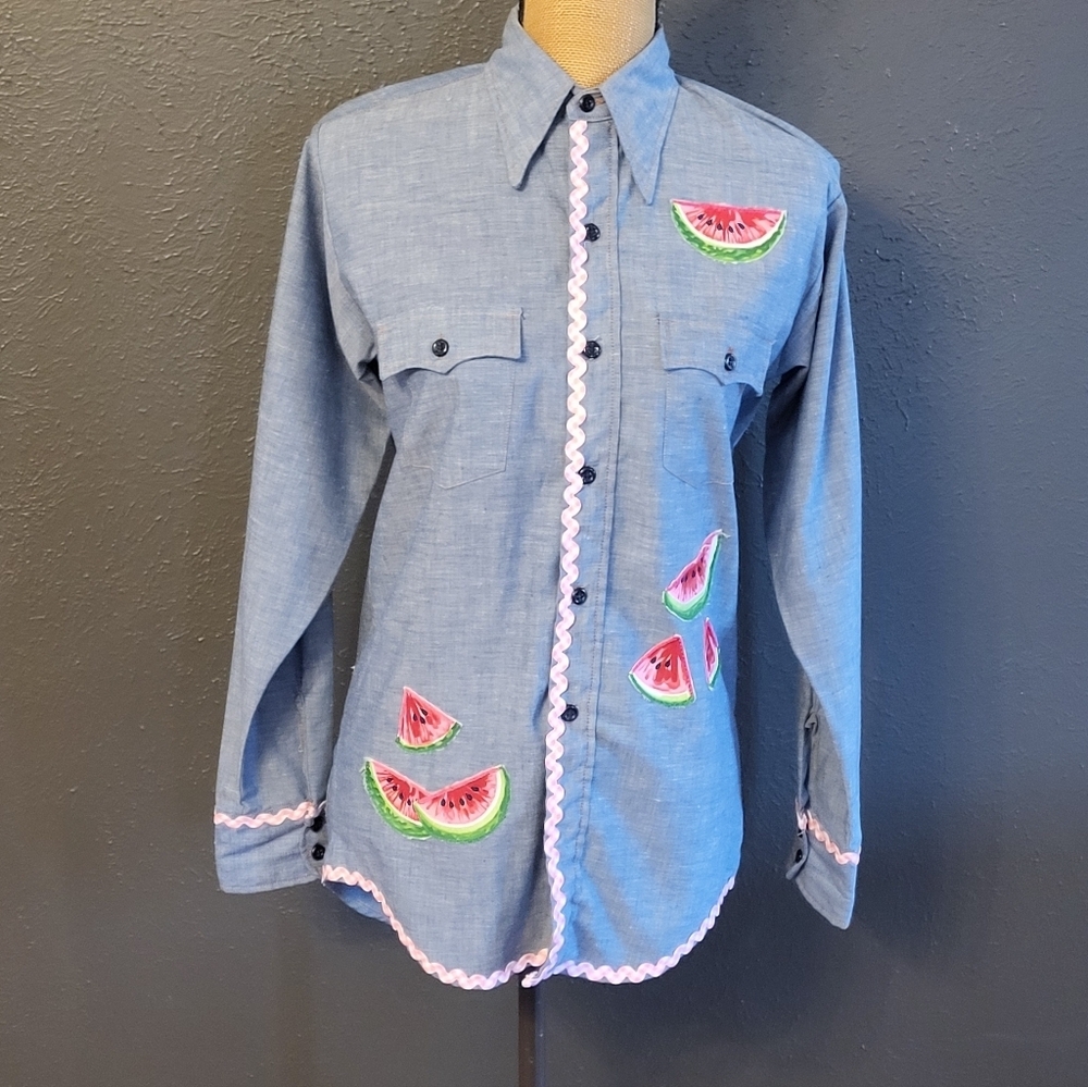 70s Chambray Medium Button-up Shirt Watermelon Appliques